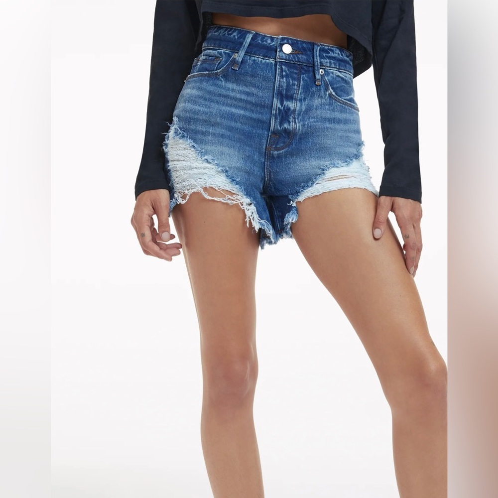 Good American High Rise Distressed Denim Shorts - Blue